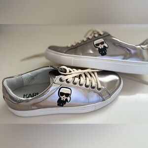 Karl Lagerfeld Metallic Silver Lace Up Sneakers with Icon Patch in size 8